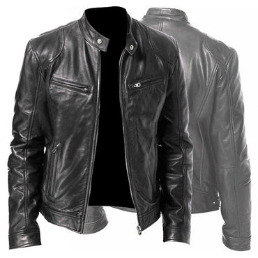Men's Zip-up Cardigan PU Leather Jacket Fashion Pockets Stand Collar Short Tops Clothing