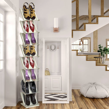 8 Tier Vertical Shoe Rack Narrow Free Standing Storage Organizer For Entryway Space-Saving Stackable Shoe Holder Corner Shoe Tower For Entryway Bedroom Hallway Living Room