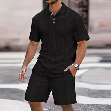 Mens Athletic Set Lapel-collar Short-sleeve Top With Shorts