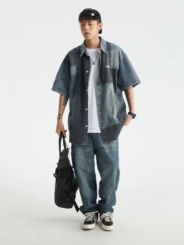 Japanese-style Retro Washed Stitching Denim Shirt Men