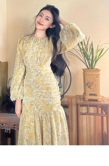French Style Style Long Sleeve Floral Dress Fashion High-end Temperament