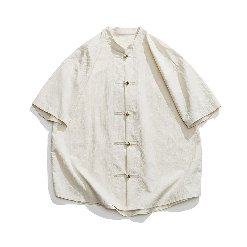 New Chinese Style Worn Looking Washed-out Stand Collar Chinese Style Shirt