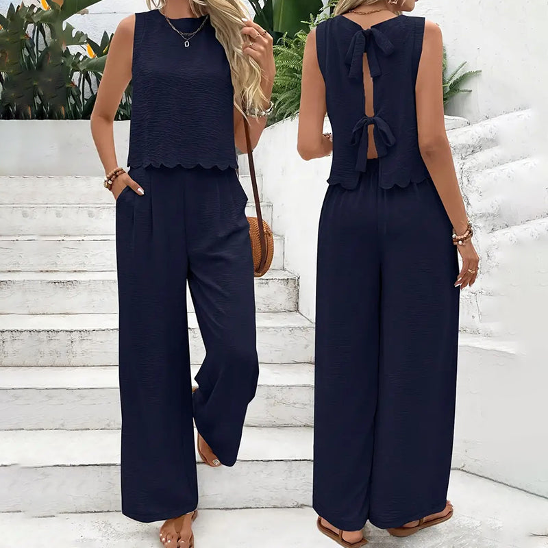 Women's Elegant 2-Piece Matching Set, Sleeveless Crop Top And Wide Leg Pants Outfits