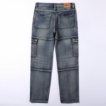 Men's Loose Straight-leg Denim Overalls With Multiple Pockets And Patchwork Design
