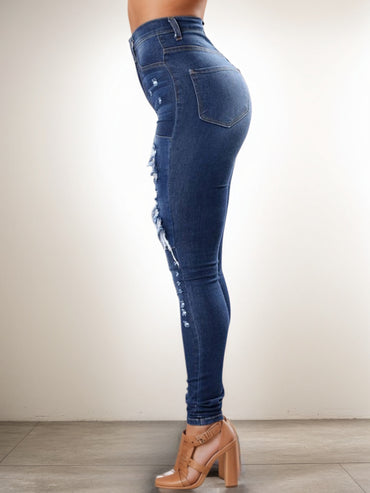 Versatile Women's High Waisted Elastic Ripped Tight Jeans, High-quality, Easy To Fit, Comfortable And Fashionable - Street Style Sexy Basic Jeans, Women's Jeans And Clothing