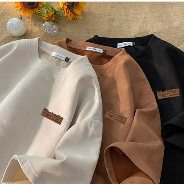 Retro Men's Suede Loose Half Sleeve T-shirt Teenagers Pop Top