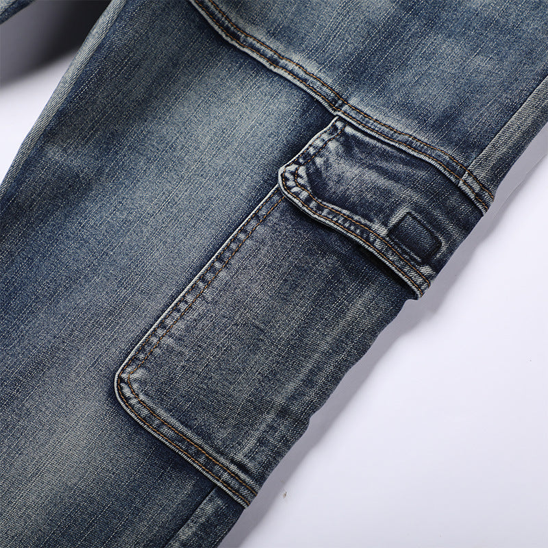 Men's Loose Straight-leg Denim Overalls With Multiple Pockets And Patchwork Design