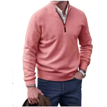 Men's Pullover Sweater Fashion Zipper Stand Collar Knitted Top Casual Solid Color Sweatshirt Clothing