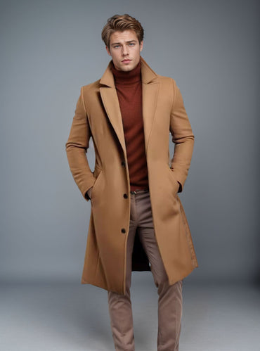 Men's Mid-length Trench Coat Fall Winter Slim Pockets Single-breasted Collar Jacket Casual Business Comfortable Overcoat Clothing