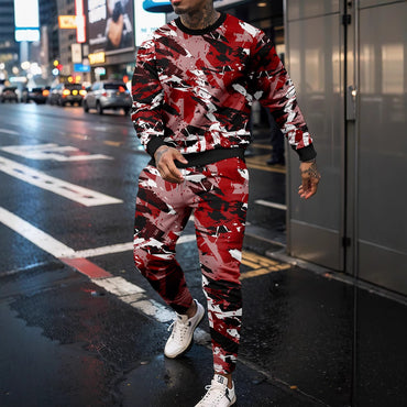 Sports Men's Clothing Casual Retro Digital Printed Round Neck Sweater Suit