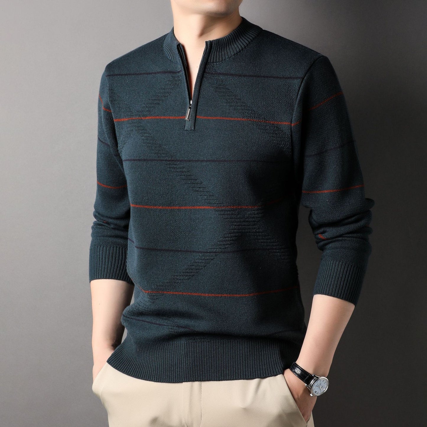Zippered Mock-neck Knit Sweater With Striped Long Sleeves