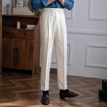High Waist Straight Length British Men Casual Suit Pants