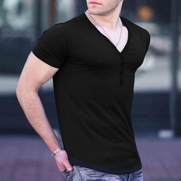 New Men's V-Neck Round Hem Casual Short Sleeve T-Shirt