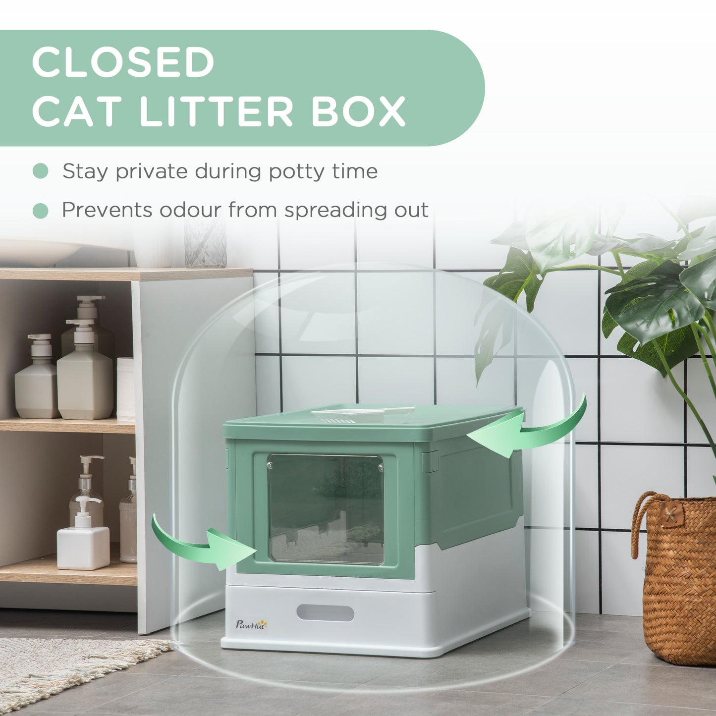 Fully Enclosed Cat Litter Box with Front Entry and Top Exit, Plastic, Green & White