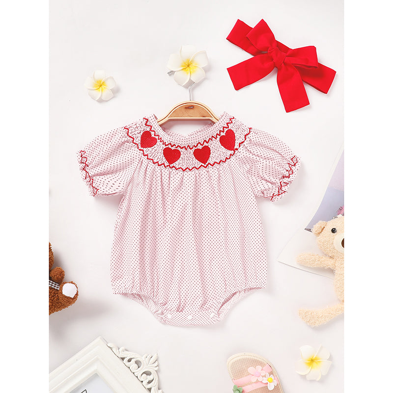 Newborn Baby Girls' Valentine's Day Smocked Romper Short Sleeve Heart Embroidery Jumpsuit Casual Cute Romper