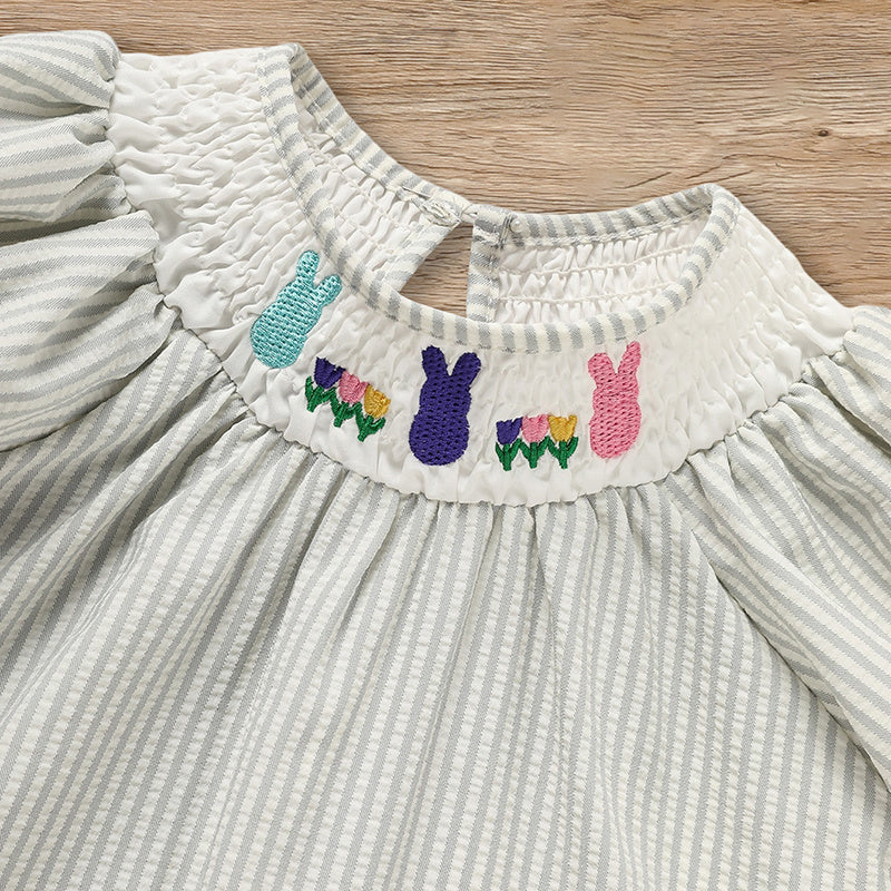 Infant Baby Girls' Easter Bunny Smocked Dress Embroidered Short Sleeve Casual Summer Dress