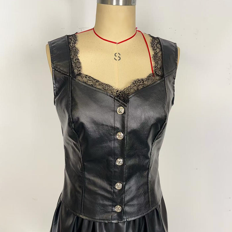 Women's Faux Leather Vest - Sexy Lace Trim V-Neck Sleeveless Top For Club & Y2K Party