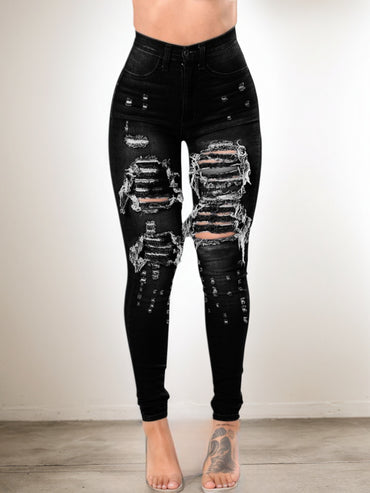 Versatile Women's High Waisted Elastic Ripped Tight Jeans, High-quality, Easy To Fit, Comfortable And Fashionable - Street Style Sexy Basic Jeans, Women's Jeans And Clothing