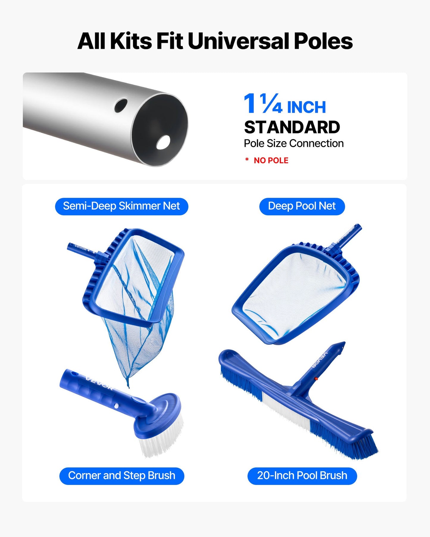 Swimming Pool Cleaing Kit With Leaf Skimmer Bag Rake Nets & 2 Brush Heads