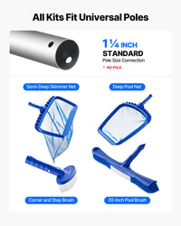 Swimming Pool Cleaing Kit With Leaf Skimmer Bag Rake Nets & 2 Brush Heads