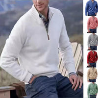 Men's Pullover Sweater Fashion Zipper Stand Collar Knitted Top Casual Solid Color Sweatshirt Clothing