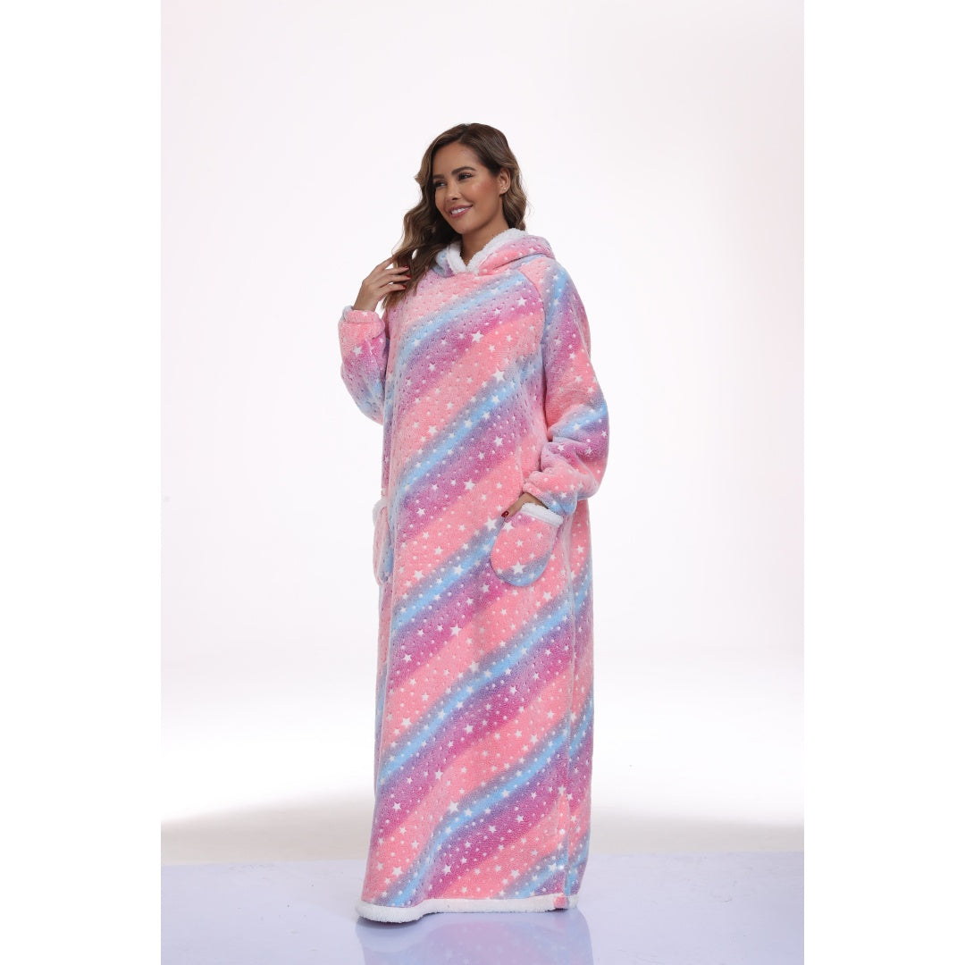 Oversized Wearable Hooded Blanket With Print Glow In The Dark Long Size-59in Sherpa Warm Sweatshirt For Women