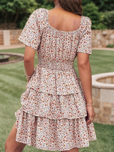 Women’s New Floral Summer Short Dress Square Neck Short Sleeve Layered Folded Bohemian Pendant Skirt