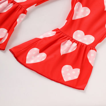 Toddler Girl's Heart Print 2-Piece Set, Crewneck Long Sleeve Ruffle Top & Flare Leg Pants