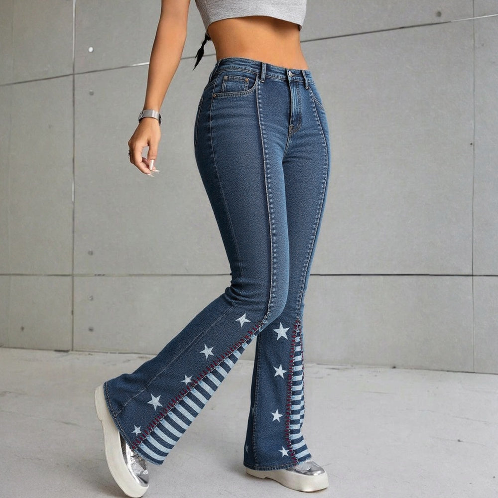 Women High Waisted Star Patchwork Flare 4th Of July Outfits For Women Bell Bottom Denim Pants For Curvy Girls Slim Fit Curve Enhancing Soft Stretch Fabric