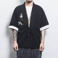 Chinese Style Men's Short-Sleeved Shirt Hanfu Crane Embroidery
