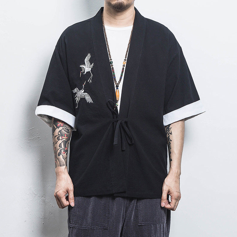 Chinese Style Men's Short-Sleeved Shirt Hanfu Crane Embroidery