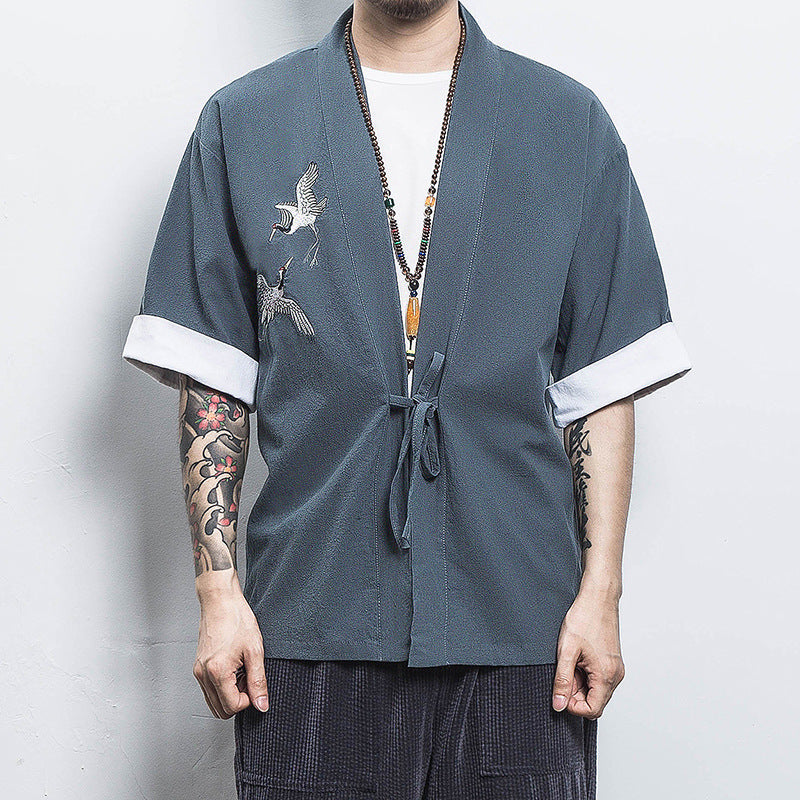Chinese Style Men's Short-Sleeved Shirt Hanfu Crane Embroidery