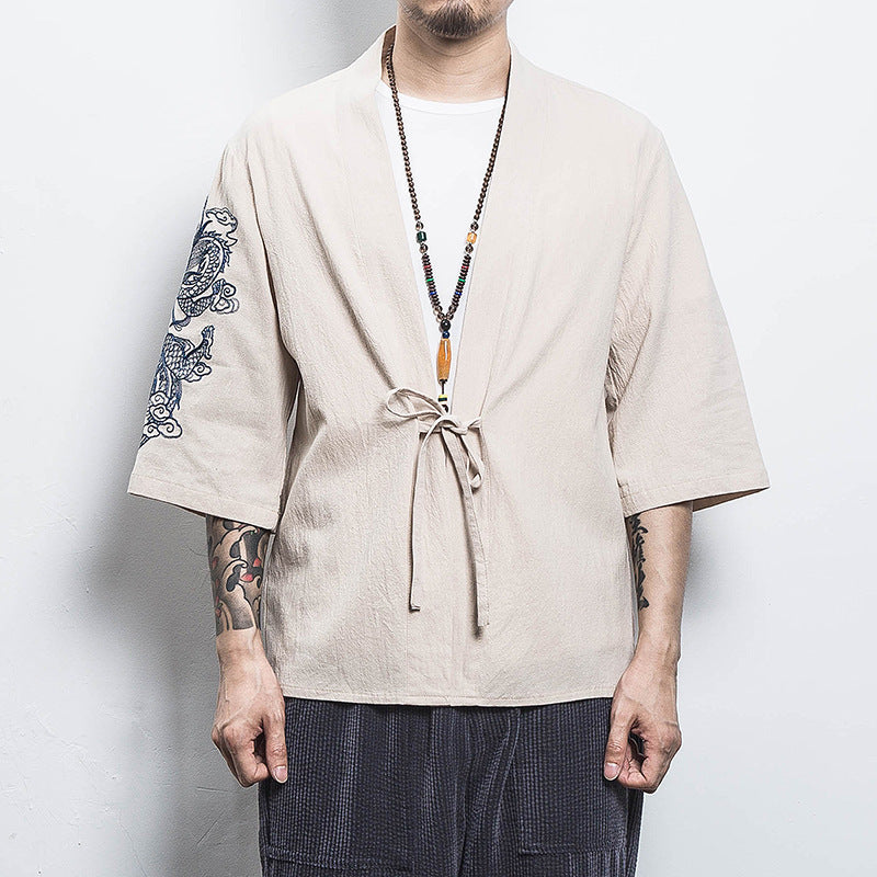 Chinese Style Men's Short-Sleeved Shirt Hanfu Crane Embroidery