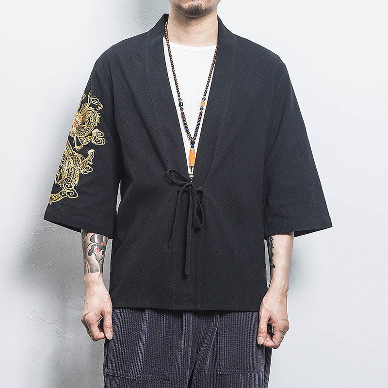 Chinese Style Men's Short-Sleeved Shirt Hanfu Crane Embroidery