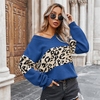 Leopard Print Sweatshirt Fashion Casual V-neck Long-sleeved Pullover Top Women's Commuting Clothing