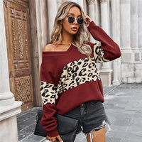 Leopard Print Sweatshirt Fashion Casual V-neck Long-sleeved Pullover Top Women's Commuting Clothing