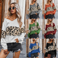 Leopard Print Sweatshirt Fashion Casual V-neck Long-sleeved Pullover Top Women's Commuting Clothing