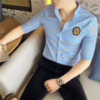 British Style Summer Slim Striped 5-Point Sleeve Shirt Navy Style Shirt