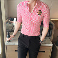 British Style Summer Slim Striped 5-Point Sleeve Shirt Navy Style Shirt