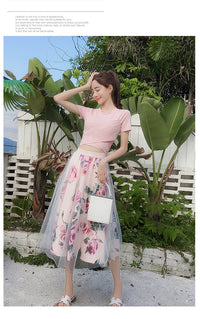 Women Irregular T Shirt Mesh Skirts Suits Tops Vintage Skirt