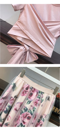 Women Irregular T Shirt Mesh Skirts Suits Tops Vintage Skirt