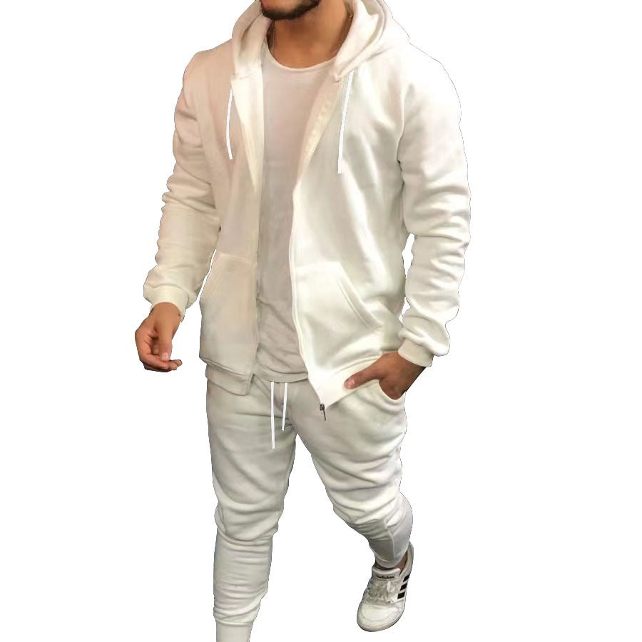Mens Fashion Solid-Color Casual Hooded Cardigan Set