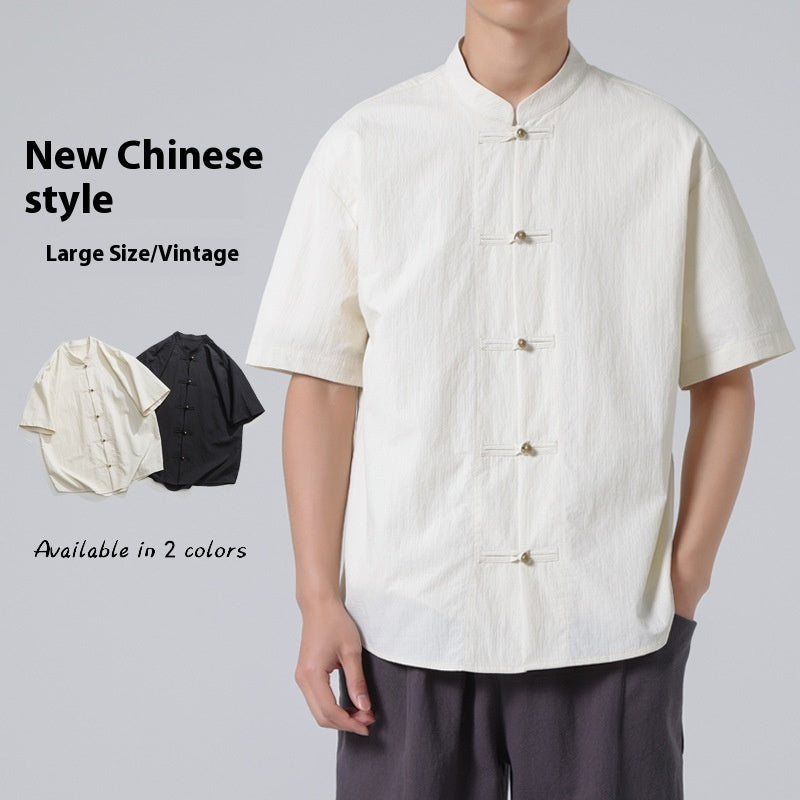 New Chinese Style Worn Looking Washed-out Stand Collar Chinese Style Shirt