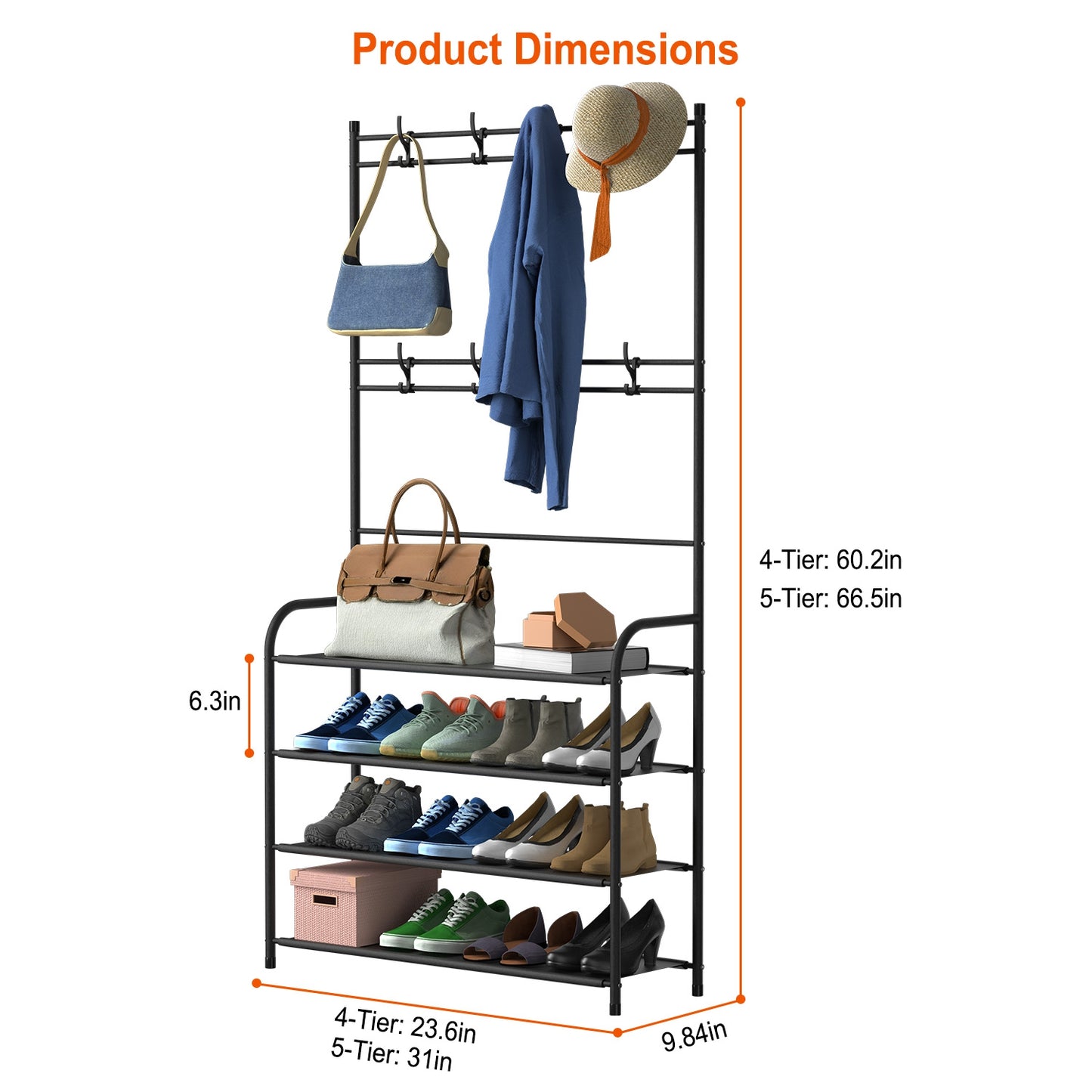 Entryway Coat Hat Rack Shoe Storage Shelf 5 Tier Shoe Rack Freestanding Hall Tree Garment Hanger Stand Clothes Shoe Organizer Combo