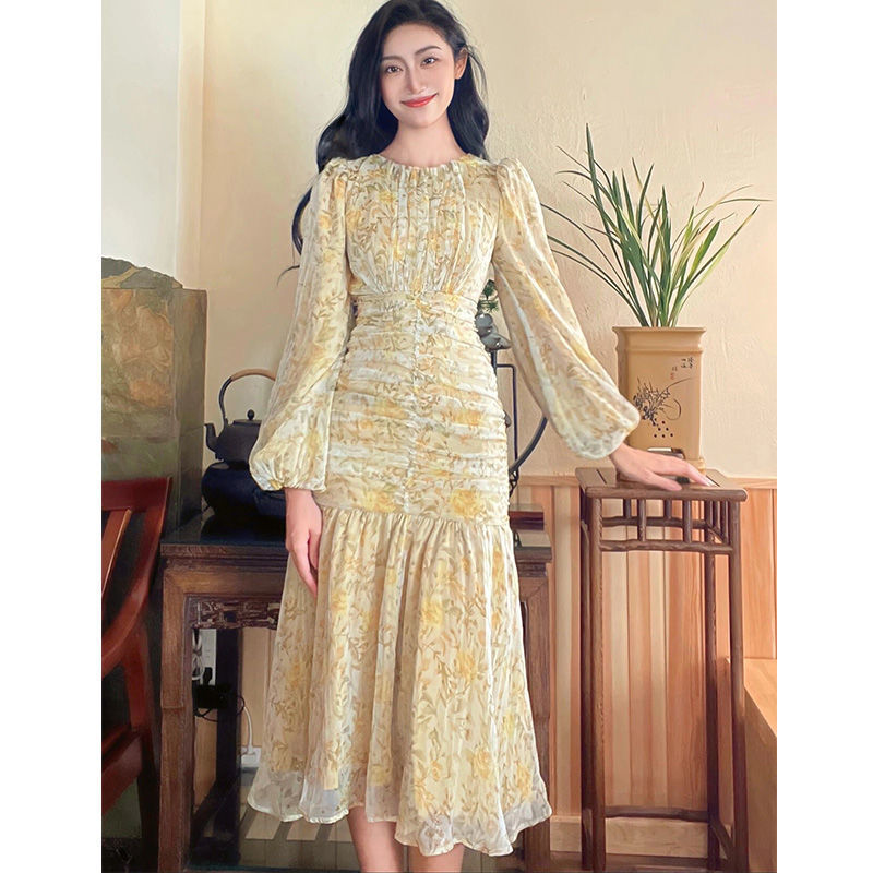 French Style  Style Long Sleeve Floral Dress Fashion High-end Temperament