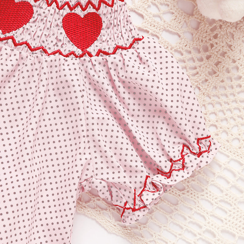 Newborn Baby Girls' Valentine's Day Smocked Romper Short Sleeve Heart Embroidery Jumpsuit Casual Cute Romper