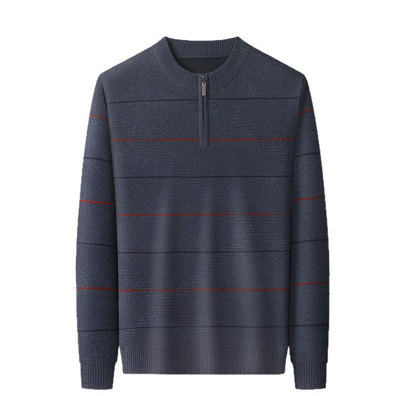 Zippered Mock-neck Knit Sweater With Striped Long Sleeves