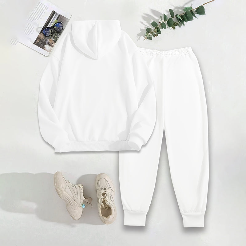 Women's Solid 2-Piece Set Letter Print Hoodie With Pocket & Drawstring Jogger Pants Casual Tracksuit