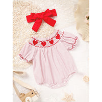 Newborn Baby Girls' Valentine's Day Smocked Romper Short Sleeve Heart Embroidery Jumpsuit Casual Cute Romper