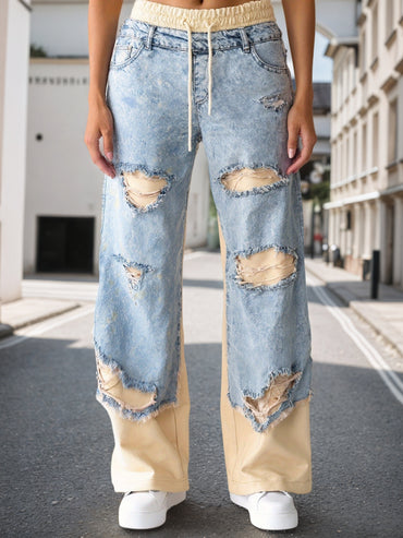 New Fashionable Women's Street Style Stitching Pants, Trendy Ins-worthy Beggar Style Ripped Jeans, Suitable For All Seasons